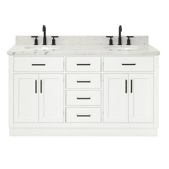 Ariel Hepburn 61 In. Double Oval Sink Vanity With 1.5 In. Carrara White Countertop In White