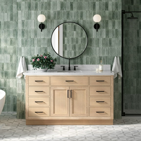 Ariel Hepburn 61 Inch Single Rectangle Sink Bathroom Vanity With Italian Carrara Marble Countertop 1.5 Inch Edge In Oak