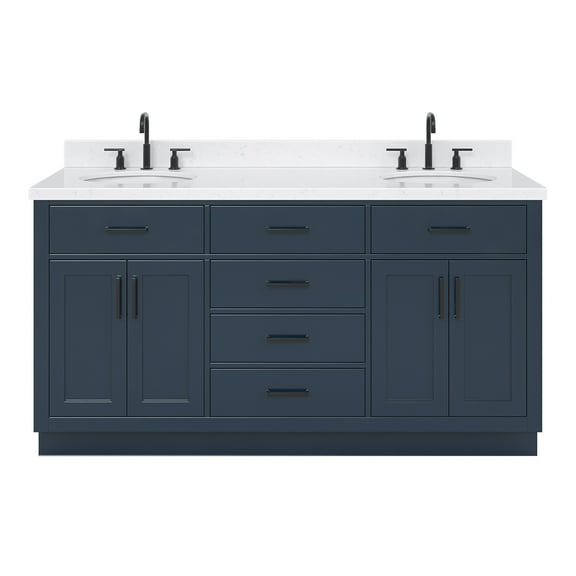 Ariel Hepburn 66 Inch Double Oval Sink Bathroom Vanity With Carrara White Quartz Countertop 1.5 Edge In Midnight Blue