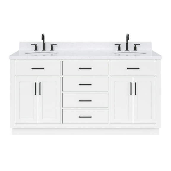 Ariel Hepburn 66 Inch Double Oval Sink Bathroom Vanity With Carrara White Quartz Countertop 1.5 Edge In White