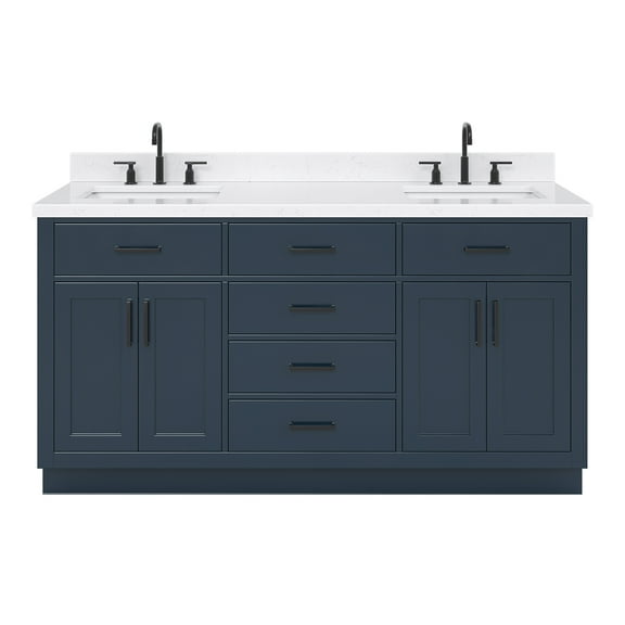 Ariel Hepburn 66 Inch Double Rectangle Sink Bathroom Vanity With Carrara White Quartz Countertop 1.5 Edge In Midnight Blue