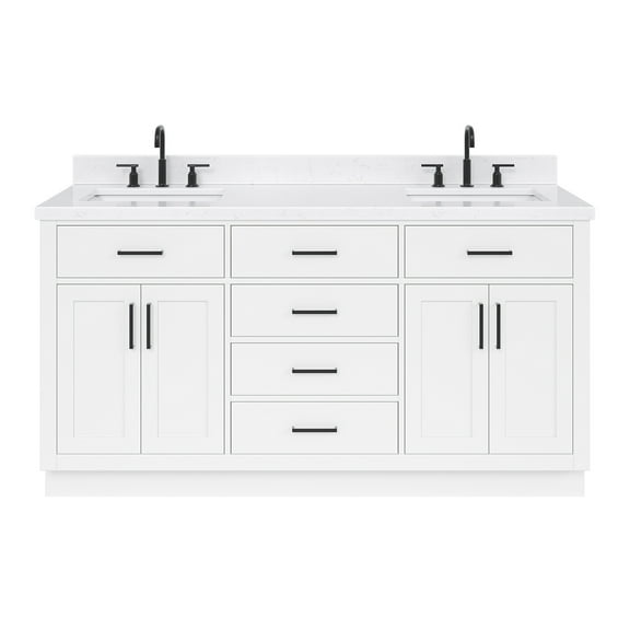 Ariel Hepburn 66 Inch Double Rectangle Sink Bathroom Vanity With Carrara White Quartz Countertop 1.5 Edge In White