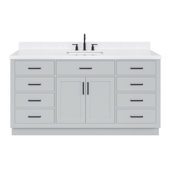 ARIEL Hepburn 66" Grey Bathroom Vanity, 1.5" Edge Carrara Quartz Countertop & Splash, Single Rectangular Sink, 2 Soft Closing Doors, 9 Full Extension Dovetail Drawers, Toe Kick, Matte Black