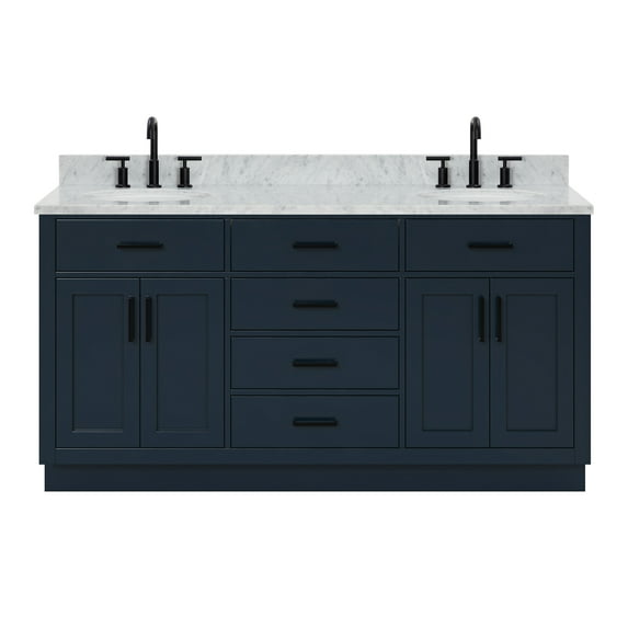 Ariel Hepburn 67 Inch Double Oval Sink Vanity With Carrara White Marble Countertop With 0.75 Edge In Midnight Blue