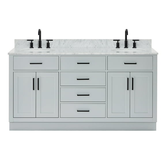 Ariel Hepburn 67 Inch Double Oval Sink Vanity With Carrara White Marble Countertop With 0.75 Edge In Grey