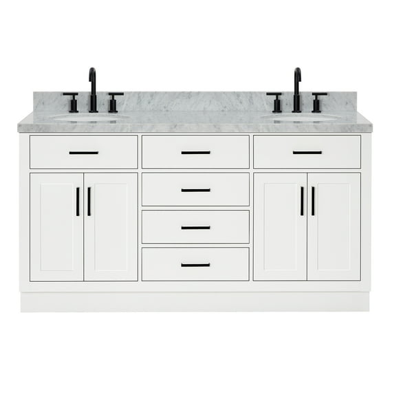 Ariel Hepburn 67 Inch Double Oval Sink Vanity With Carrara White Marble Countertop With 1.5 Edge In White