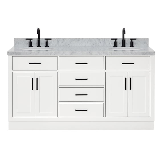 Ariel Hepburn 67 Inch Double Oval Sink Vanity With Carrara White Marble Countertop With 1.5 Edge In White