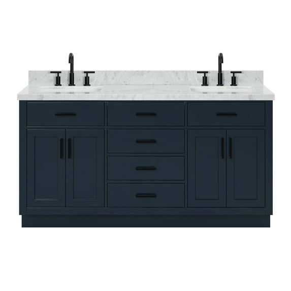 Ariel Hepburn 67 Inch Double Rectangle Sink Vanity With Carrara White Marble Countertop With 1.5 Edge In Midnight Blue