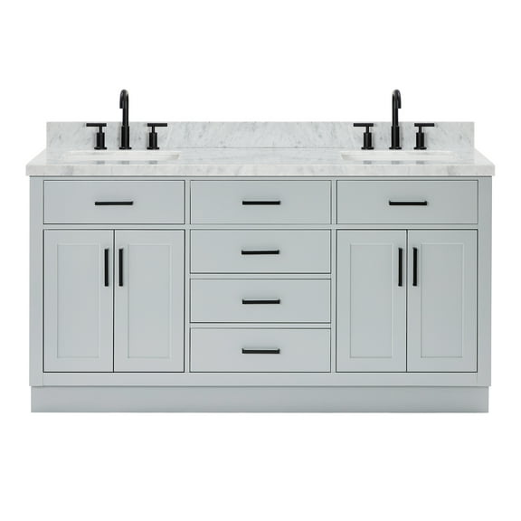Ariel Hepburn 67 Inch Double Rectangle Sink Vanity With Carrara White Marble Countertop With 1.5 Edge In Grey