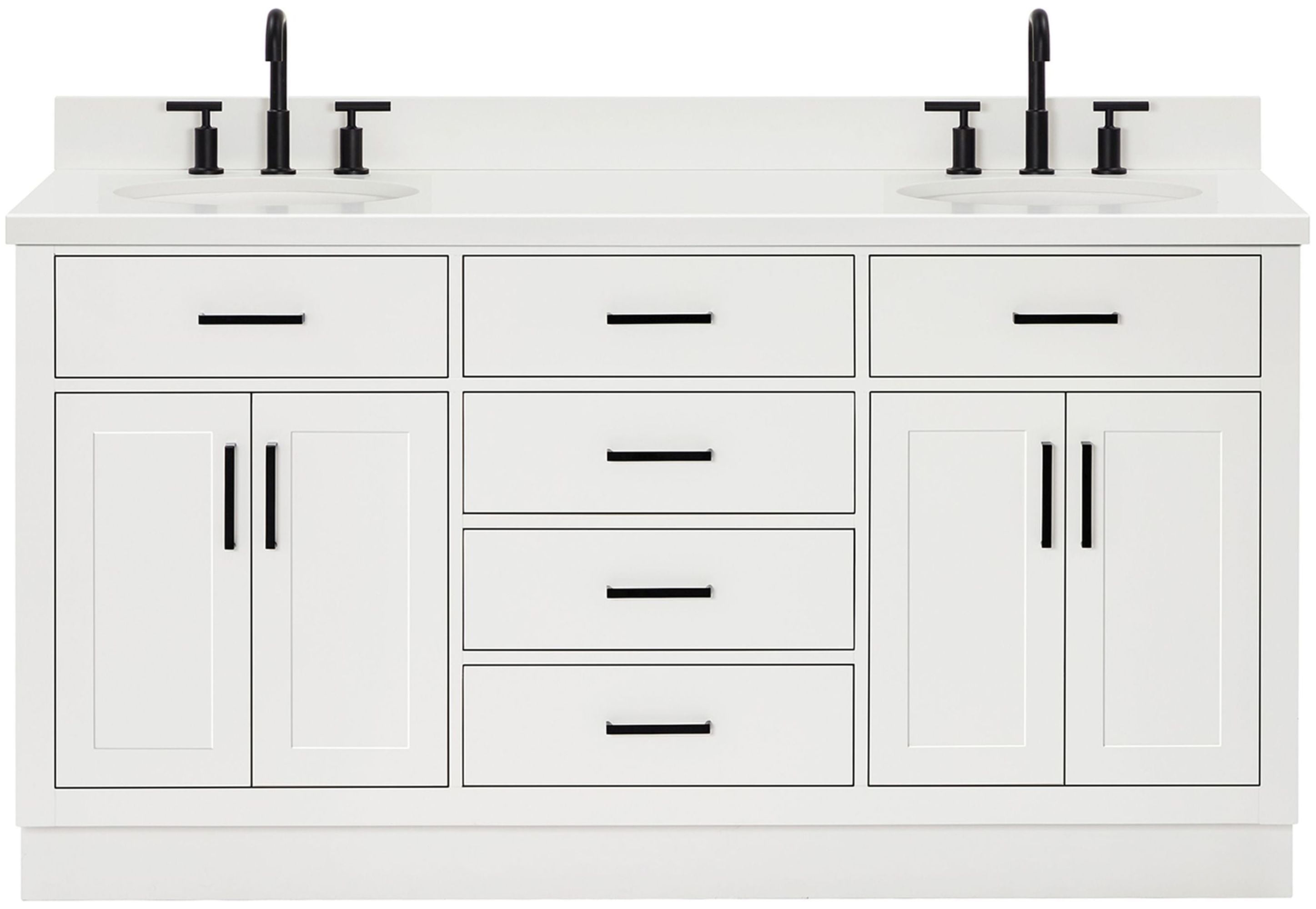 White Quartz Double Basin Freestanding Vanity with Black Hardware