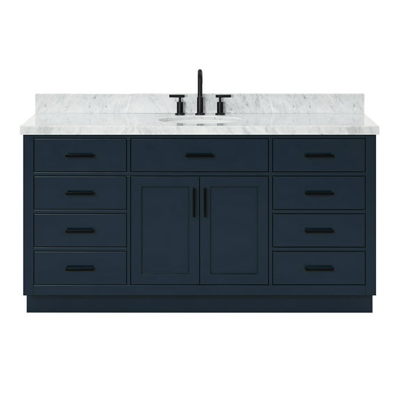 Ariel Hepburn 67 Inch Single Oval Sink Vanity With Carrara White Marble Countertop With 1.5 Edge In Midnight Blue