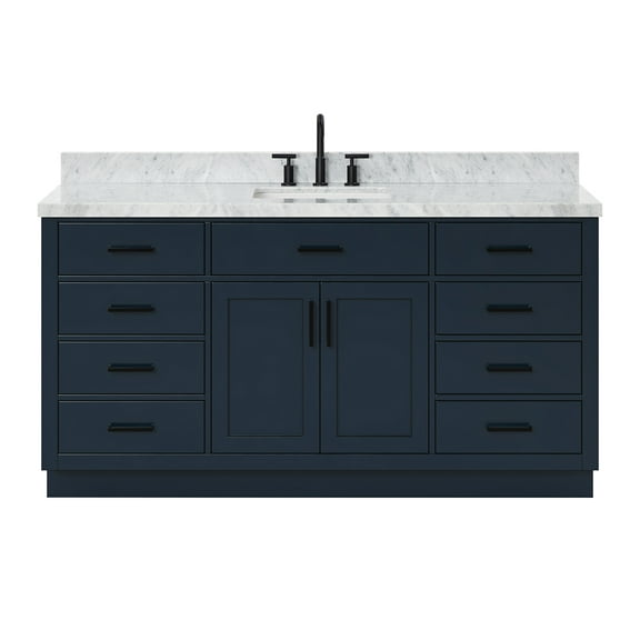 Ariel Hepburn 67 Inch Single Rectangle Sink Vanity With Carrara White Marble Countertop With 1.5 Edge In Midnight Blue