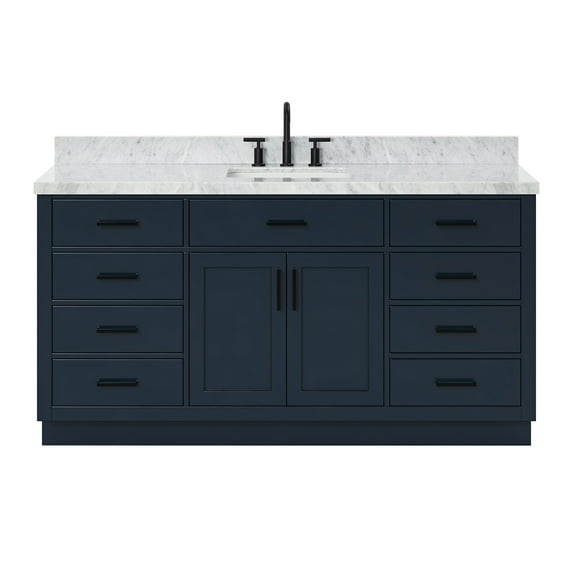 Ariel Hepburn 67 Inch Single Rectangle Sink Vanity With Carrara White Marble Countertop With 1.5 Edge In Midnight Blue
