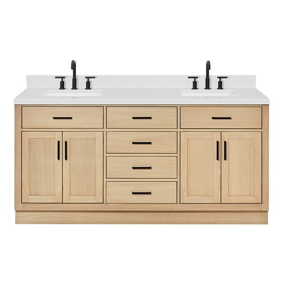 ARIEL Hepburn 72 Inch Double Rectangle Sink Bathroom Vanity With Carrara White Quartz Countertop 1.5 Inch Edge In Oak