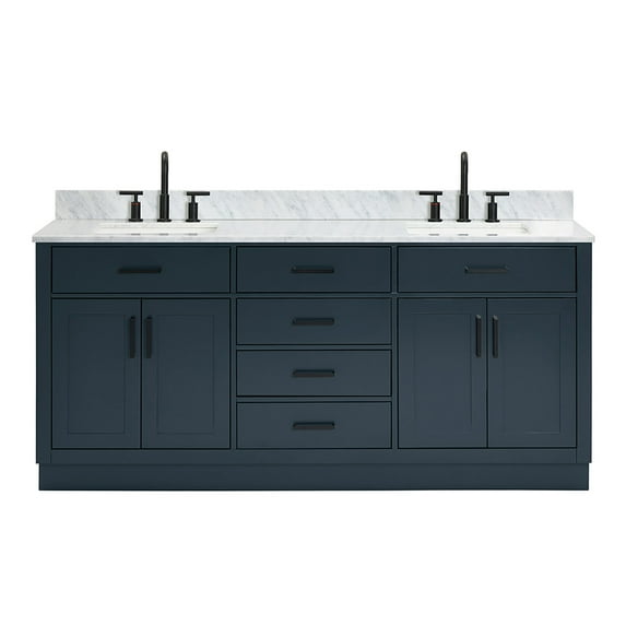 Ariel Hepburn 73 In. Double Rectangle Sink Vanity With 0.75 In. Carrara White Countertop In Midnight Blue