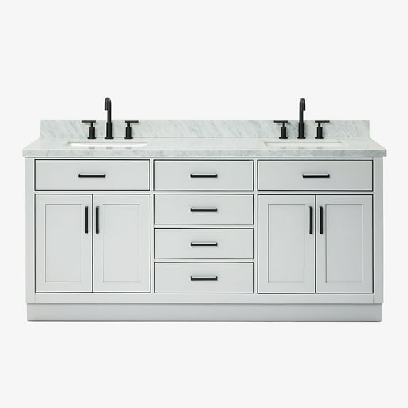 Ariel Hepburn 73 In. Double Rectangle Sink Vanity With 1.5 In. Carrara White Countertop In Grey