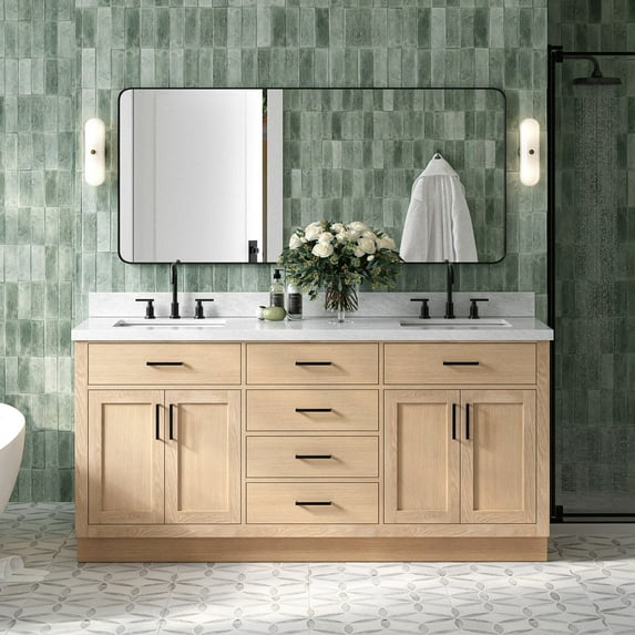 Ariel Hepburn 73 Inch Double Rectangle Sink Bathroom Vanity With Italian Carrara Marble Countertop 1.5 Inch Edge In Oak