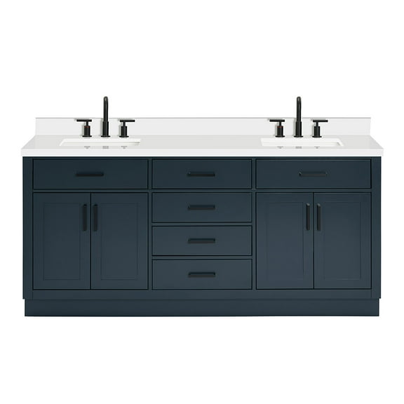 ARIEL Double Vanity 73" Midnight Blue with 1.5" Edge Pure White Quartz Countertop & Splash, Rectangular Sinks, 4 Soft Closing Doors, 6 Full Extension Dovetail Drawers, Toe Kick, Matte Black