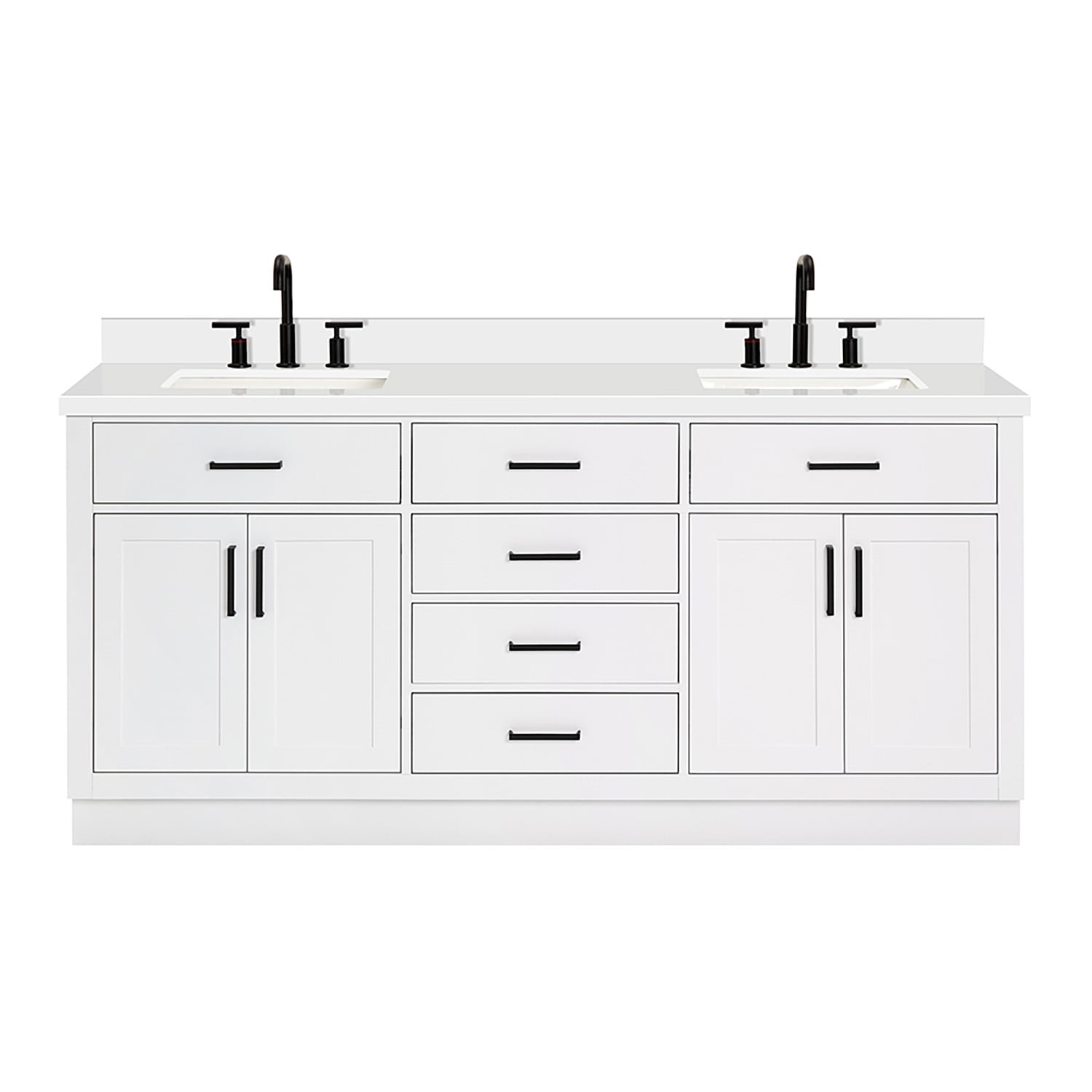 ARIEL 73" White Double Vanity, 1.5" Edge Pure White Quartz Countertop & Splash, Rectangular Sinks, 4 Soft Closing Doors, 6 Full Extension Dovetail Drawers, Toe Kick, Matte Black