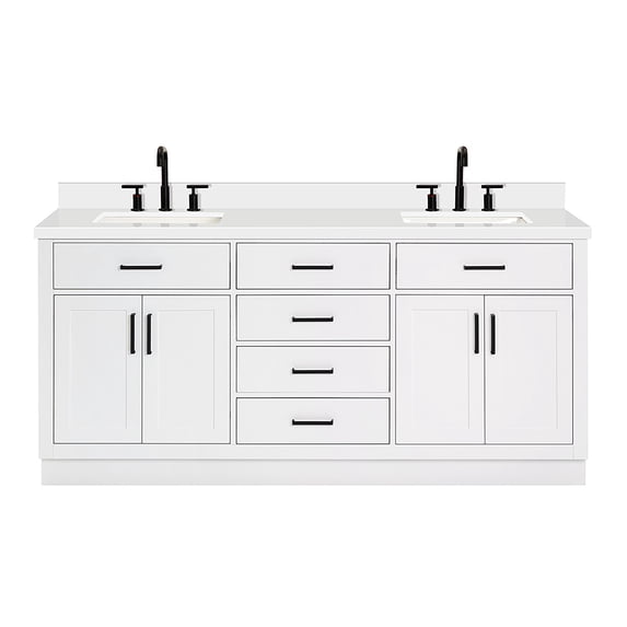 ARIEL 73" White Double Vanity, 1.5" Edge Pure White Quartz Countertop & Splash, Rectangular Sinks, 4 Soft Closing Doors, 6 Full Extension Dovetail Drawers, Toe Kick, Matte Black
