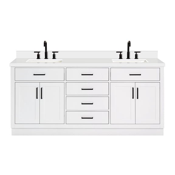 ARIEL 73" White Double Vanity, 1.5" Edge Pure White Quartz Countertop & Splash, Rectangular Sinks, 4 Soft Closing Doors, 6 Full Extension Dovetail Drawers, Toe Kick, Matte Black