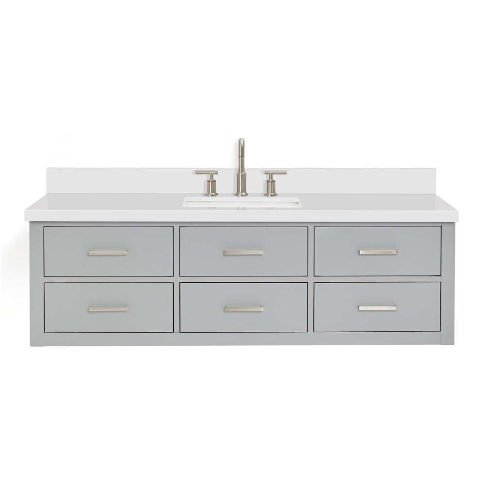 Hutton 61" Gray Wood Floating Vanity with White Quartz Top