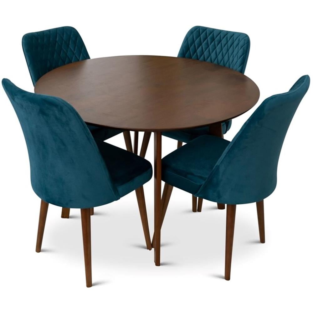 Walnut Round Dining Table with Turquoise Velvet Chairs Set