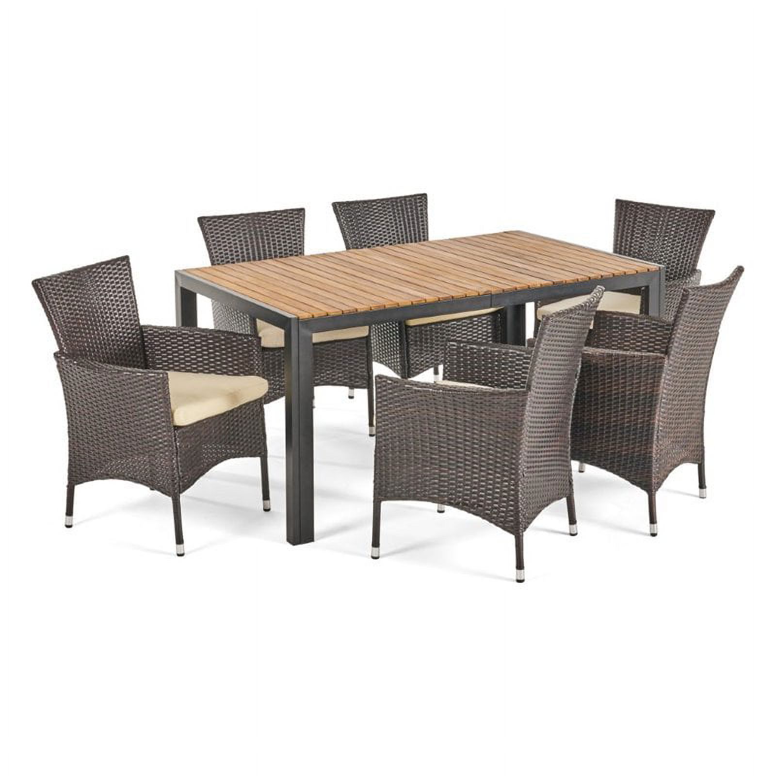 Ariella Outdoor 7 Piece Rectangular Acacia Wood and Wicker Dining Set with Cushions, Multi Brown, Teak, Beige - image 1 of 7