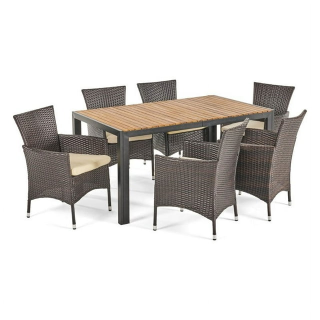 Ariella Outdoor 7 Piece Rectangular Acacia Wood and Wicker Dining Set with Cushions, Multi Brown, Teak, Beige