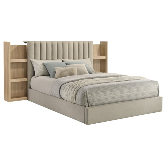Coaster Arielle Fabric Queen Bookcase Panel Storage Bed in Light Oak/Tan