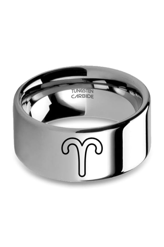 Aries Astrology Sign Laser Engraved Silver Tungsten Carbide Ring, 10mm, Size 6