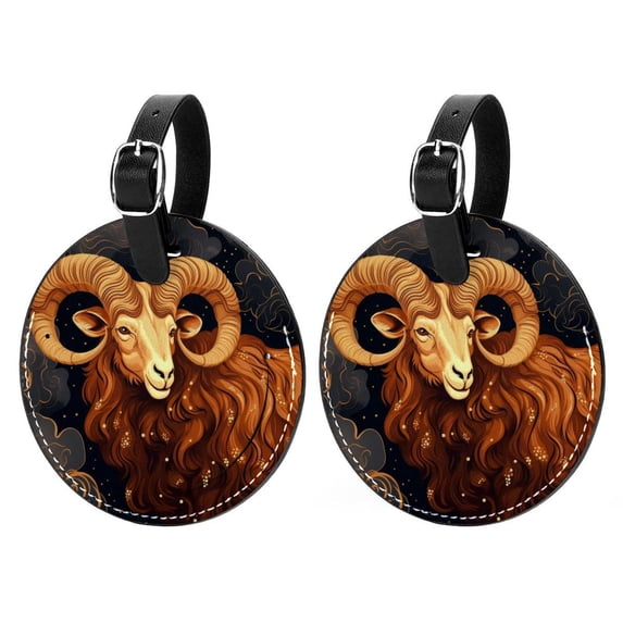 Aries Constellation 2pcs PU Leather Round Bag Tags with Privacy Cover and Name ID Tag - Suitcase Tags for Travel Luggage, Handbags, Backpacks, School Bags