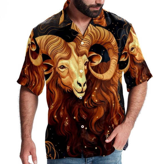 Aries Constellation Men's Casual Printed Button Down Short Sleeve Poplin Hawaiian Beach Shirt with Spread Collar Tops