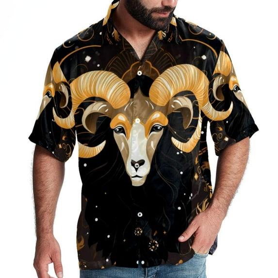 Aries Constellation Men's Short Sleeve Beach Shirts, Casual Printed Button Down Poplin Shirt Summer.