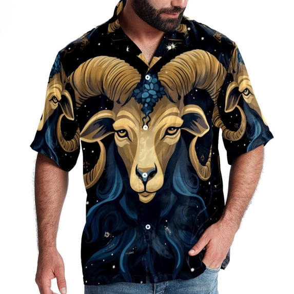Aries Constellation Men's Short Sleeve Casual Printed Button Down Beach Shirts