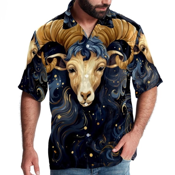Aries Constellation Men's Short Sleeve Poplin Shirts, Casual Printed Button Down Tops for Summer Beach, Unisex with Spread Collar