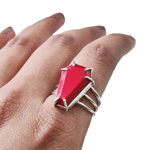 Aries Coral Coffin Ring, Natural Red Coral Ring, April Birthstone, Unisex Ring, Womens Ring, Coffin Ring, 925 Sterling Silver, Christmas, Handmade, Statement Jewelry, Coffin Shape Gemstone Ring