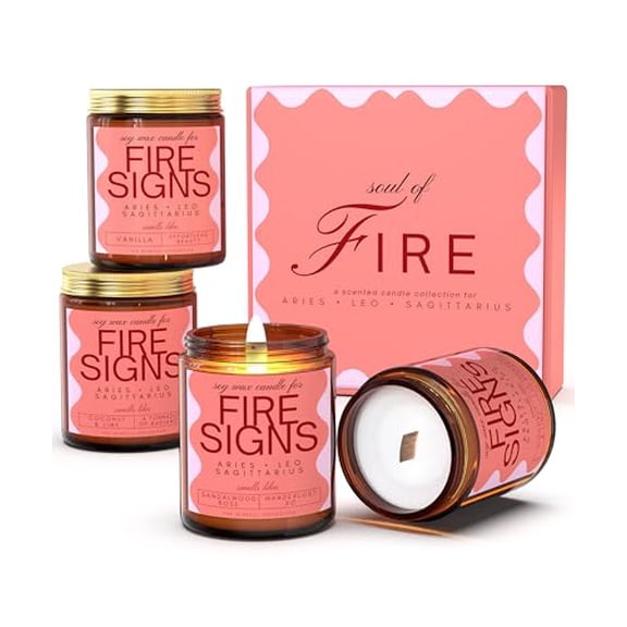 Aries, Leo, Sagittarius Gifts for Women - Wood Wick Candles, 4 Pack Small Scented Candles Set for Women. 6oz Natural Soy Wax, Aromatherapy Set for Home. Zodiac Astrology Birthday Spiritual Gifts