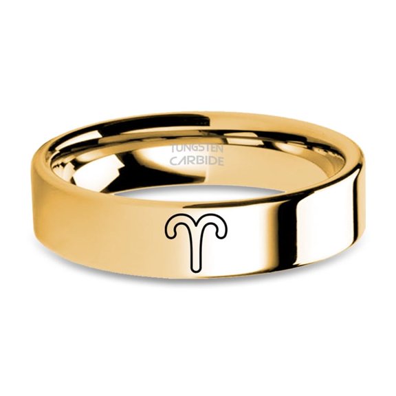 Aries Mars Astrological Sign Engraved Yellow Gold Tungsten Ring, 6mm, Size 12