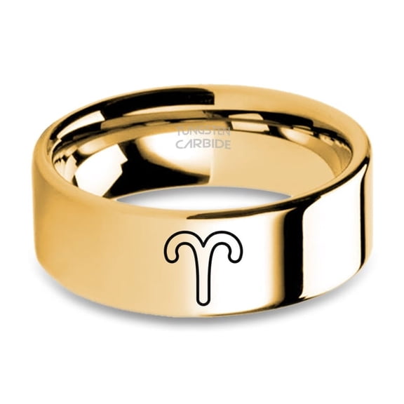Aries Mars Astrological Sign Engraved Yellow Gold Tungsten Ring, 8mm, Size 15