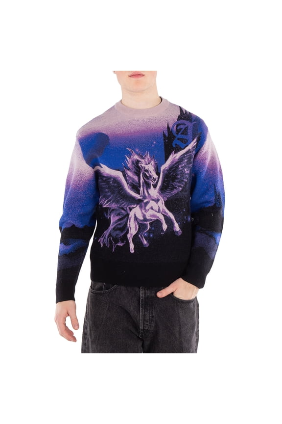 Men's Purple Woolen Jumper Pegasus Print Sweater, Size X-Small
