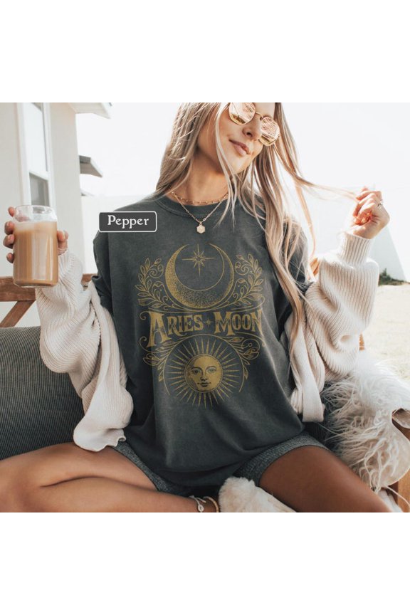 Aries Moon Celestial Astrology Vintage Graphic Tee Zodiac Sign Sun And Crescent Moon Cosmic Mystic Starry Sky Shirt Comfort Colors Unisex Cotton T-Shirt, Sizes S-3XL