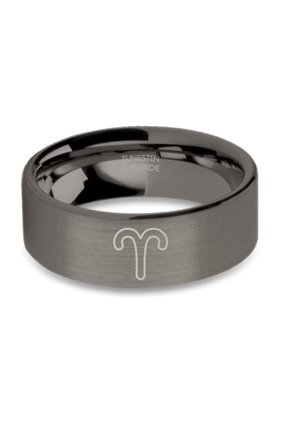 Aries Ram Astrology Sign Engraved Gunmetal Tungsten Ring, Brushed, 8mm, Size 6.5