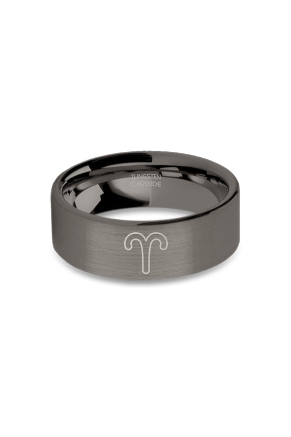 Aries Ram Astrology Sign Engraved Gunmetal Tungsten Ring, Brushed, 8mm, Size 8