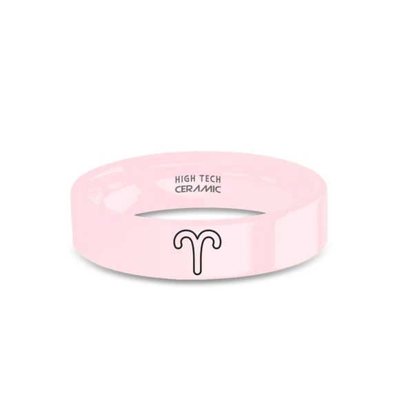 Aries Ram Astrology Symbol Engraved Pink Ceramic Wedding Band, 6mm, Size 10