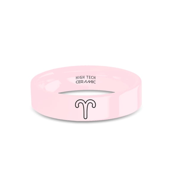 Aries Ram Astrology Symbol Engraved Pink Ceramic Wedding Band, 6mm, Size 13