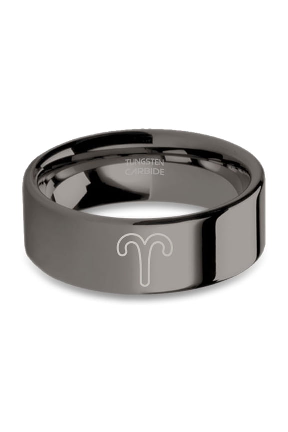 Aries Ram Fire Mars Zodiac Sign Gunmetal Tungsten Ring, Polished, 8mm, Size 13.5