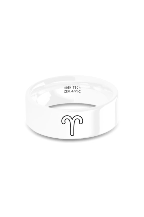 Aries Ram Mars Horoscope Symbol Laser Engraved White Ceramic Ring, 8mm, Size 13.5