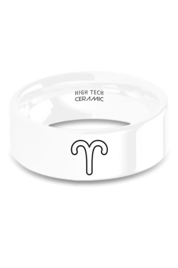 Aries Ram Mars Horoscope Symbol Laser Engraved White Ceramic Ring, 8mm, Size 7