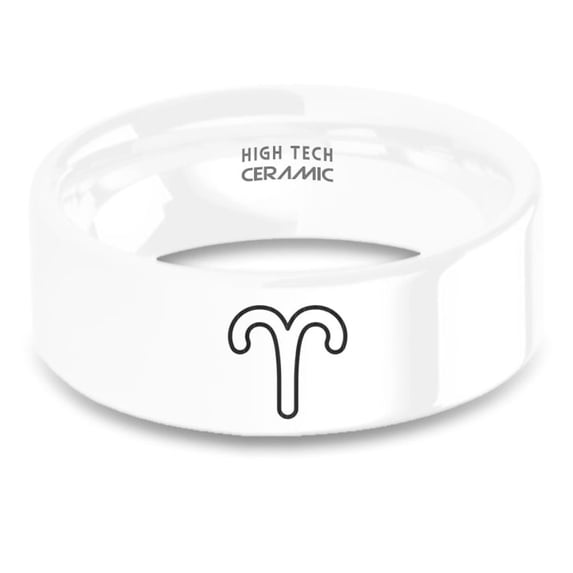 Aries Ram Mars Horoscope Symbol Laser Engraved White Ceramic Ring, 8mm, Size 9.5